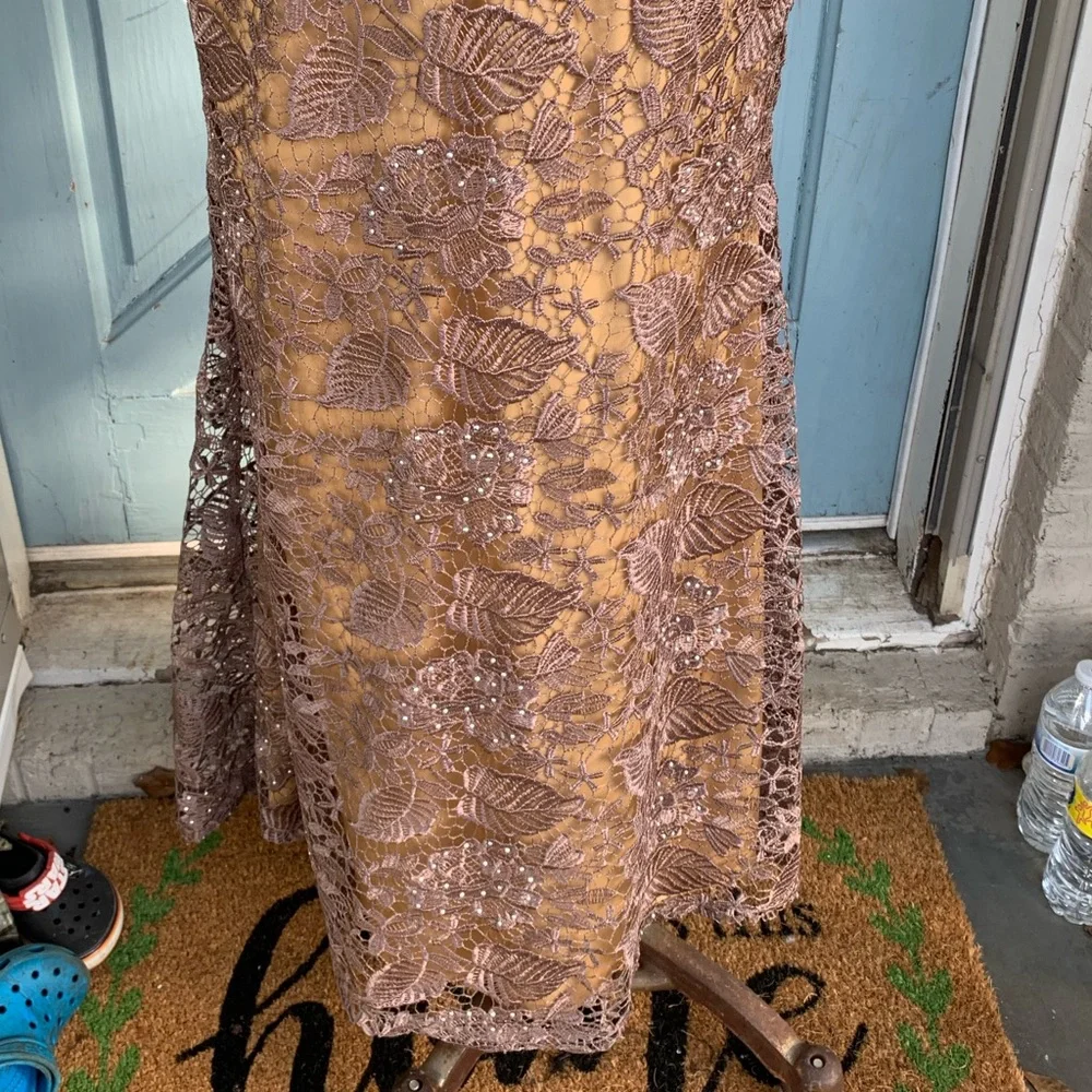 NWOT GLS Apparel Large Beaded Mocha Lace Nude Lined Mermaid Gown Cap Sleeves - Picture 11 of 15
